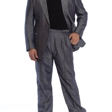 1980'S Silver Blue Silk Blend Sharkskin Men's 60S Style Pant Suit 