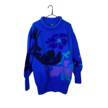 Gennie De Lange Hand Knit New Zealand Blue Mohair Art Floral Abstract Pullover Sweater 