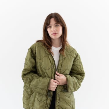 Vintage Green Liner Jacket | Unisex Wavy Quilted Nylon Coat | L | LI194 