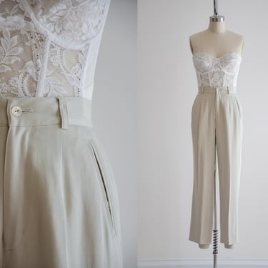 high waisted pants | 90s vintage sage green greige silk straight leg trousers 