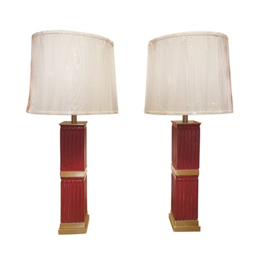 Pair of Fluted Red Ceramic Table Lamps