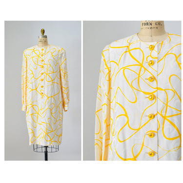80s 90s Vintage White Yellow Silk Dress Size Large by Davie Hayes Saks Fifth Avenue Yellow White Silk Dress Long Sleeves Size Large 
