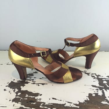 Trip This Light Fantastic - Vintage 1930s Hickory Brown Silk & Gold Leather T-Strap Heels Pumps Shoes - 10AA 
