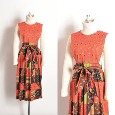 Vintage 1970s Dress / 70s Patchwork Print Pinafore Wrap Dress / Orange Green Brown ( S M ) 