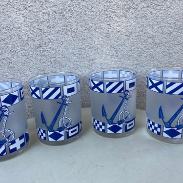 Vintage Culver tumbler glasses Nautical anchor sailing flags theme blue with frosted glass set 4 holds 12 Oz 