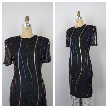 Vintage 1980s silk beaded dress evening cocktail party wedding guest semi formal colorful 