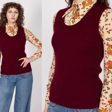 Medium 70s Wine Red Soft Knit Sweater Vest | Retro Vintage Scoop Neck Sleeveless Top 