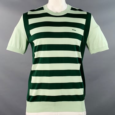 PRADA Size L Green Light Green Jersey Stripe Silk Cotton Short Sleeve Pullover