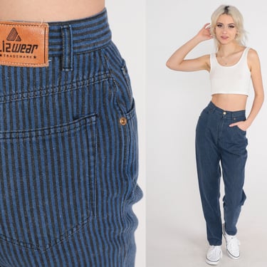 Vintage Striped Jeans 80s LizWear Mom Jeans Tapered Pants Liz Claiborne Black Blue High Waisted Vintage High Waist 90s Denim Jeans Small 4 