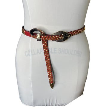 Vintage St. Maarten Red Leather Studded Long Skinny Belt, 22-29 