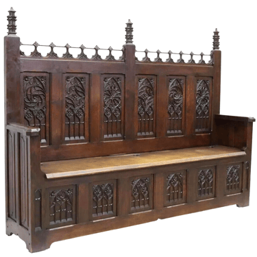 Antique Hall Bench, Coffer French Gothic Revival, Oak, 19th c 1800s
