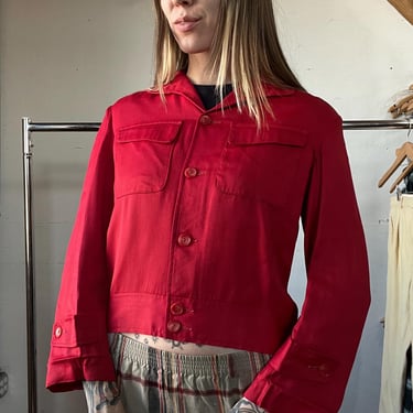 Small, Vintage 1950s Red Satin Cropped Button Front Jacket, Marching Band, Land N Lakes, F 