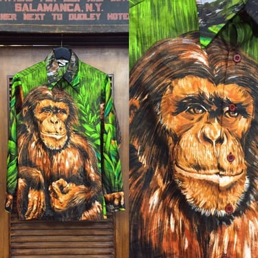 Vintage 1970’s “Nino Mori” Orangutan LongSleeve Cartoon Shirt Top, Paintbrush Style Print, Monkey Print, Vintage Top, Vintage Clothing 