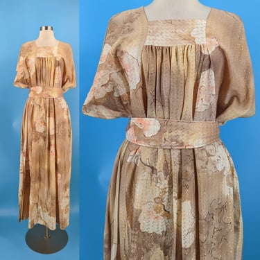 Vintage 70s Tan and Gold Floral Short Sleeve Belted Kaftan - Seventies Brown Flowy Dress - Fits Up to XL 