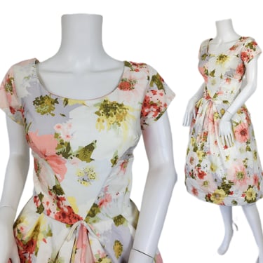 Miss Brooks 1950's White Pastel Floral Print Brushed Cotton Dress I Sz Med 