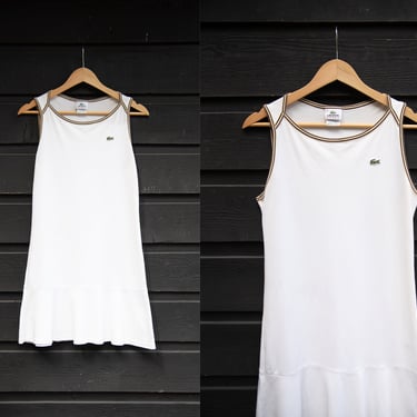 90s LACOSTE Tennis Dress, White Knit Mini Dress, Contrast Stripe Ringer Tee Dress 