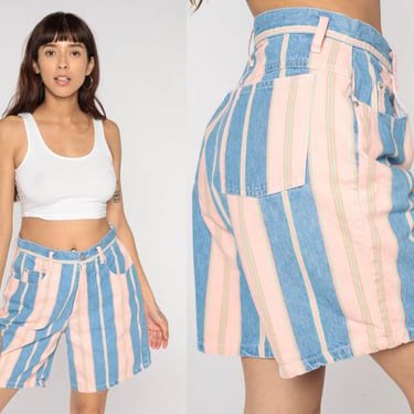 Striped Denim Shorts 90s Jean Shorts Blue Pink High Waisted Color Block Retro Hipster Streetwear Summer Vintage 1990s Medium 30 13 
