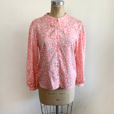 Coral and White Abstract Print Blouse with Oversized Collar - 1980s 