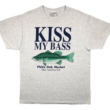 Vintage 90s/Y2K “Kiss My Bass” Phil’s Fish Market Moss Landing California Funny Fishing Style Graphic T-Shirt Size Large 