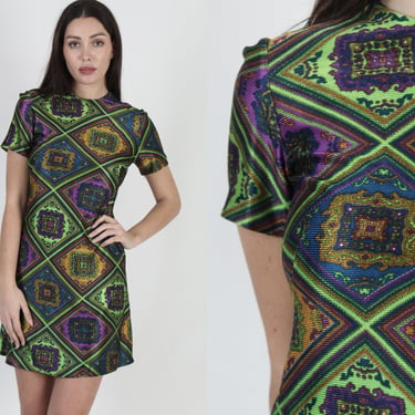 1970s Psychedelic Floral Tile Dress, Mod Disco Silky Lounge Outfit, Womens Short GoGo Party Mini Frock 