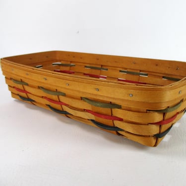 Longaberger Long Bread Basket Collectible Woven Wood Split Basket with Green & Red Detail Vintage Oblong Storage Handcrafted Tableware USA 