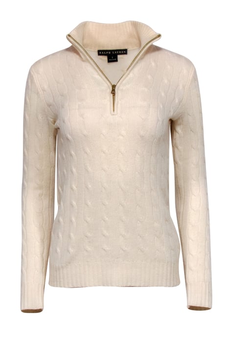 Ralph Lauren - Cream Quarter-Zip Cable Knit Cashmere Sweater Sz ...