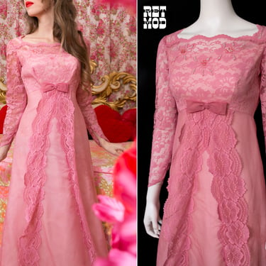 Beautiful Vintage 60s 70s Pink Lace Party Dress / Gown 