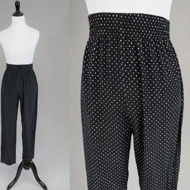 80s Black White Polka Dot Pants - Rayon Blend - High Rise Pull On - Fritzi California - Vintage 1980s - M 