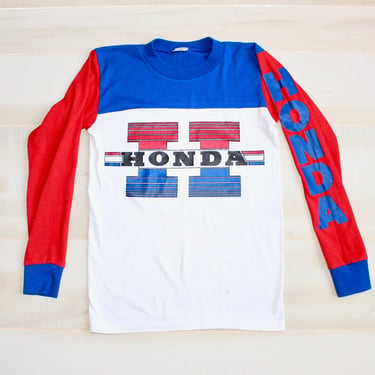 Vintage 1980s Honda T Shirt, Team Honda, Motorcyle Racing, Long Sleeve, Colorblock, USA, Red White & Blue, XS, Graphic, 80s 