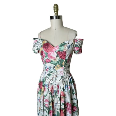 Vintage Karin Stevens Cottage Core Off Shoulder Floral Dress, size 6 