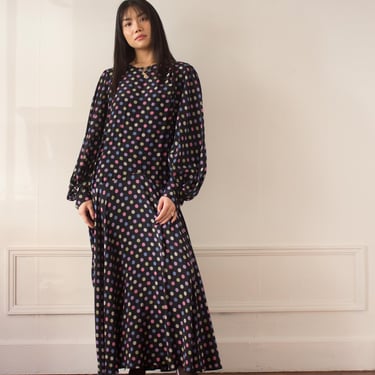 1970s Jean Muir Dotted Silk Drop Waist Bias Cut Gown 