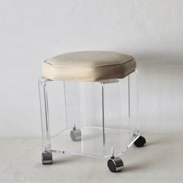 Octagon Shape Faux Leather Padded Lucite Stool with Castors Vintage Mid Century 