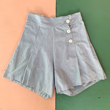 1930s Side Button Cotton Stripe Shorts - Size S