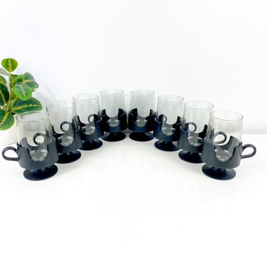 Vintage Corning Glas-Snap Black Hot or Cold Beverage Glass Cups Set of 28, Mid Century Mod Barware, Retro Decor, Cutout Plastic Glasses 