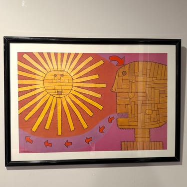 ALFREDO SOSABRAVO screenprint framed - cuban art - sun face Caribbean island art - MCM Mid Century 