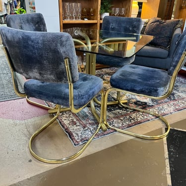 Gold and blue cantilever dining chairs x4