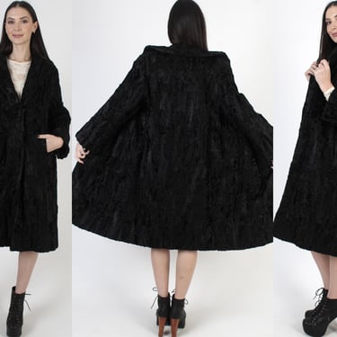 Full Length Persian Lamb Coat, 60s Goth Black Fur Jacket, Real Broadtail Opera Overcoat 