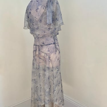 1920's-30's Gatsby Dress with Caplet - Sheer Silk Georgette -Smokey Blue Pattern - Flared Tulip Skirt - Flapper Garden Dress - Women's Small 