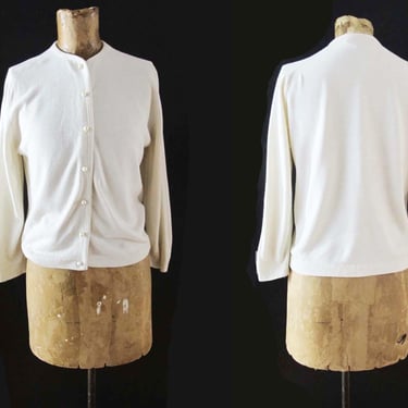 Vintage 60s Off White Cream Womens Cardigan S - 1960s Knit Pin Up Rockabilly Sweater Pearl Buttons 