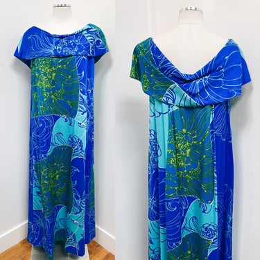 1960s - 1970s Ocean Blue Abstract Layered Boat Shoulder Muumuu Dress Made in Hawaii for Andrade Honolulu | Vintage, Vacation, Resort, Comfy 