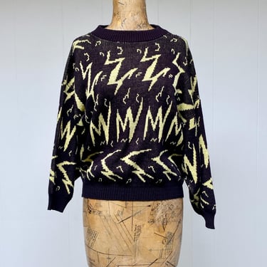 Vintage 1980s New Wave Novelty Knit Sweater, 80s Slouchy Metallic Black and Yellow Abstract Pattern Acrylic Pullover, Medium, VFG 