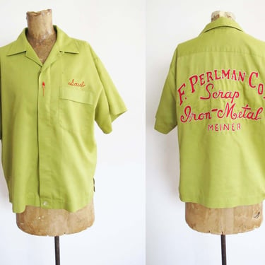 Vintage 50s Chainstitch Bowling Shirt M - 1950s Chartreuse Green Red Embroidered Mens Short Sleeve - Hilton Bowling 