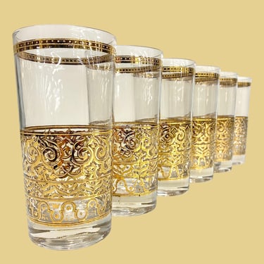 Vintage Georges Briard Highballs Retro 1960s Mid Century Modern + Clear Glass + 22kt. Gold + Crown and Scroll + Set of 6 + Barware +Drinking 