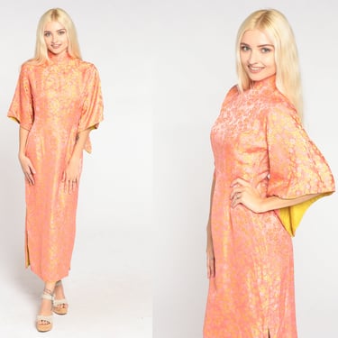 Peach Silk Floral Dress 60s Asian Inspired Maxi Dress Bell Sleeve Mandarin Collar Side Slit Garden Party Flower Print Boho Vintage 1960s XS 