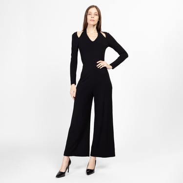 Sm-Med 90s Max Mara Pianoforte Slinky Black Jumpsuit | Vintage Keyhole Long Sleeve 
