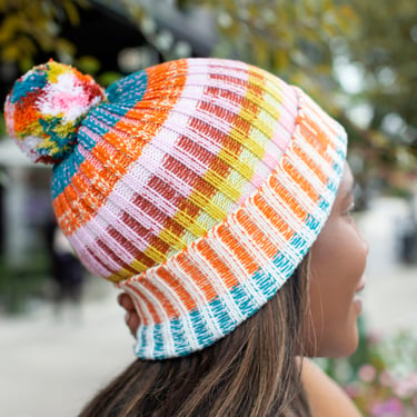 Mosaic Stripe Pom Beanie