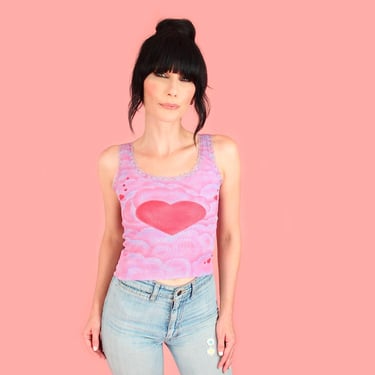 Dreamy Clouds and Hearts Airbrushed Vintage 80's Tank Top PoP ArT Crop Top Cropped Handmade Art 1980s Lace Trim Baby Ribbed Top Made in LA 