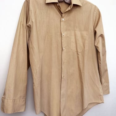 Mens Vintage 60's Tan Beige Long Sleeve Oxford Dress Shirt Cotton Poly 46" Chest, 1960's, large, button down 