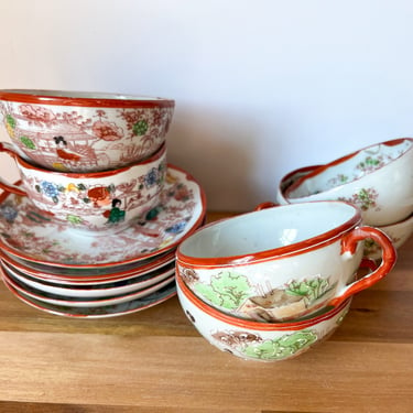 Vintage Japanese Tea Set. Kutani Style Tea Cups and Saucers. Asian Geisha Porcelain Tea Service. 