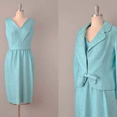 1960’s Bill Blass Aqua Silk Dress w/ Matching Jacket / 60s Dress Set / Size Medium 